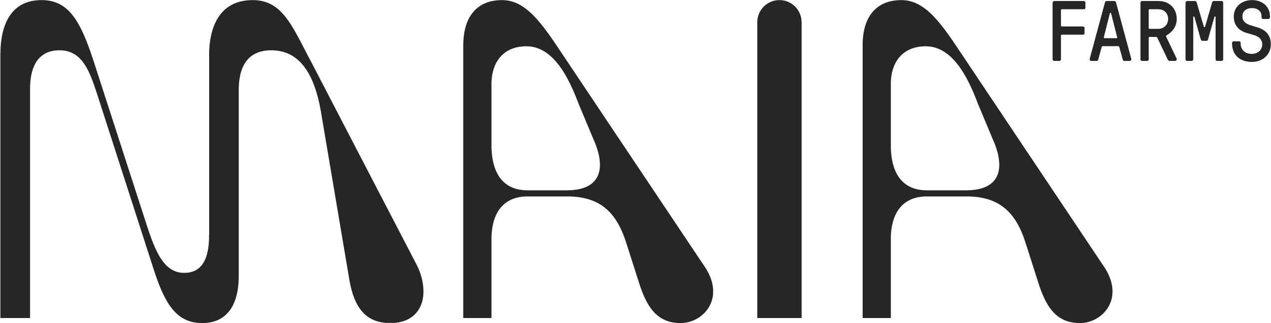 MAIA FARMS logo featuring stylized, wavy lettering for MAIA and standard text for FARMS.