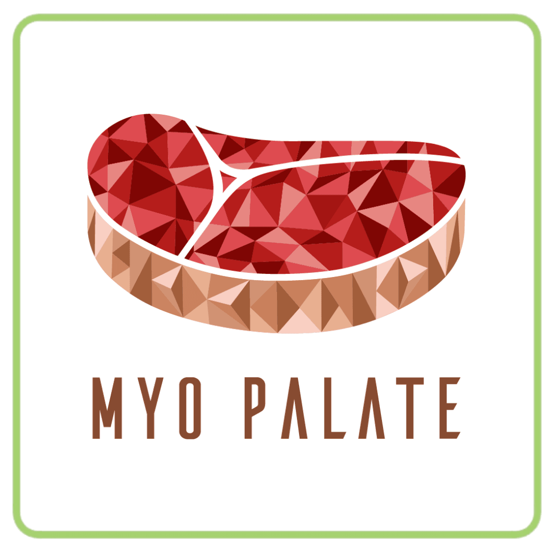 Stylized low-poly meat graphic with "MYO PALATE" text below.
