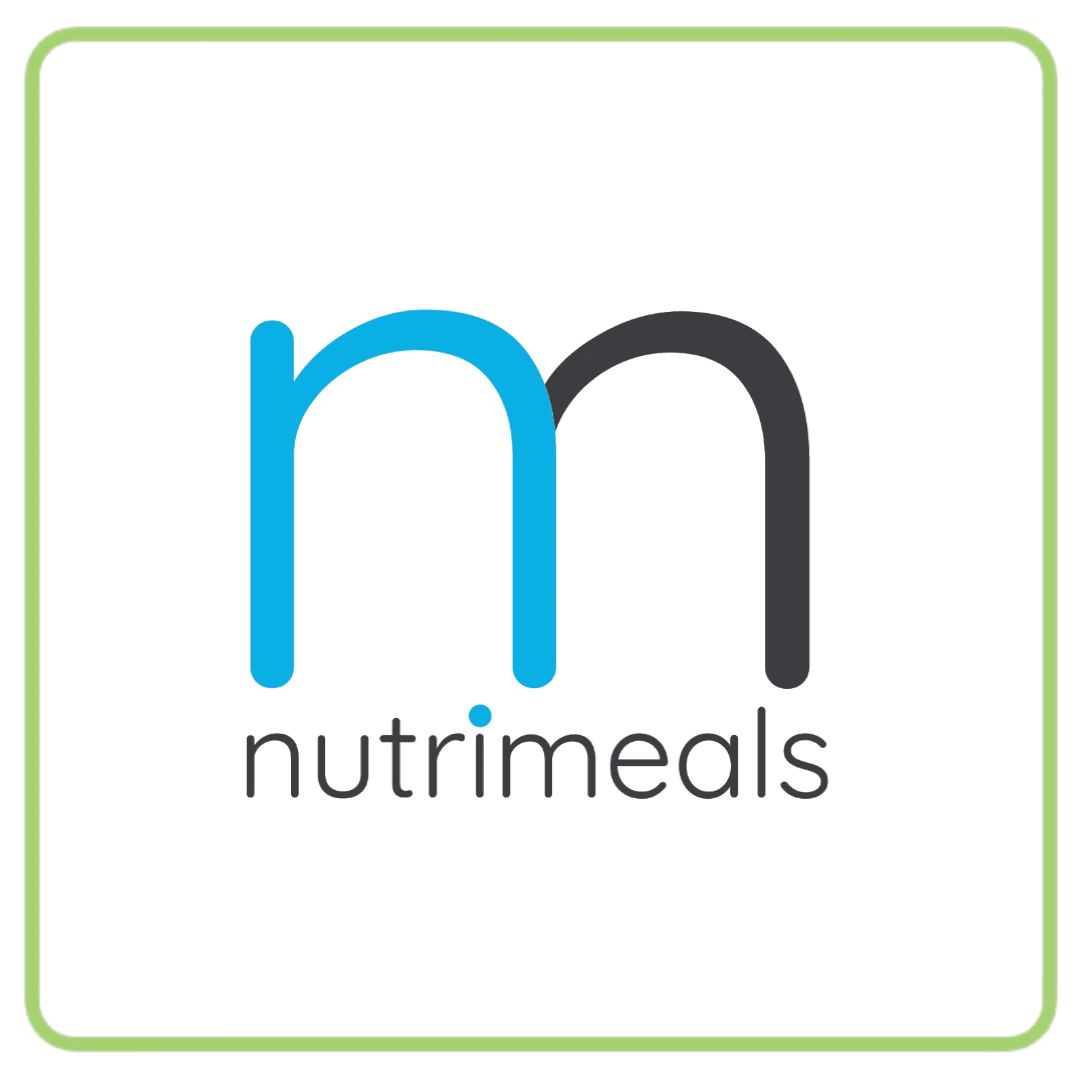 Nutrimeals logo featuring a stylized blue and gray 'm' with the company name.