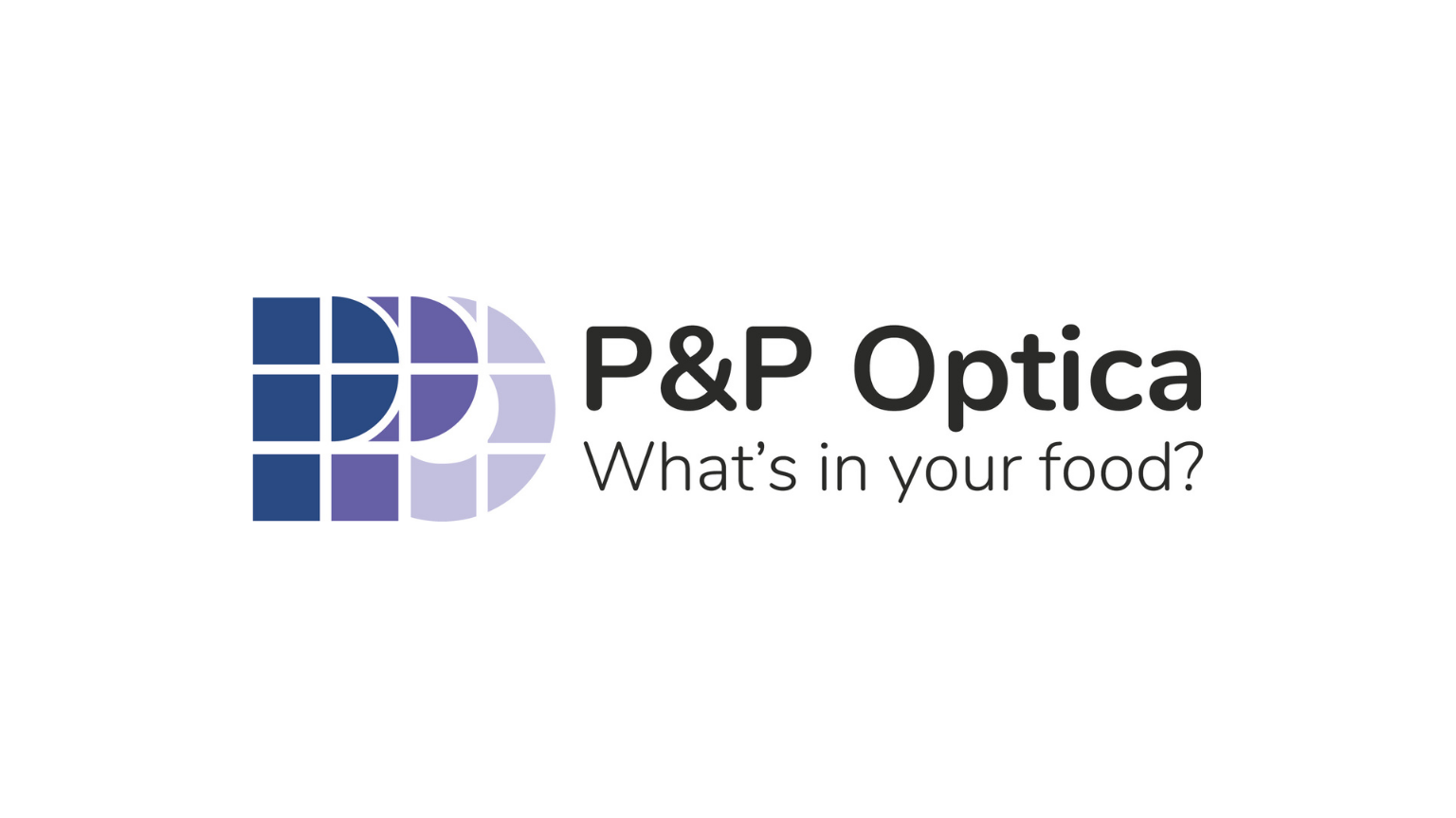 P&P Optica logo with blue and purple squares and the slogan 'What's in your food?'.