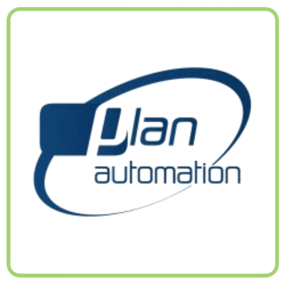 Blue Llan automation logo with stylized text and a dynamic oval shape.