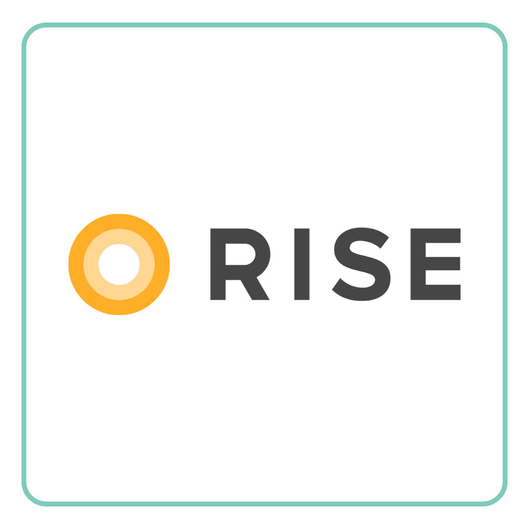 RISE logo with an orange circle and lighter center beside dark grey text.