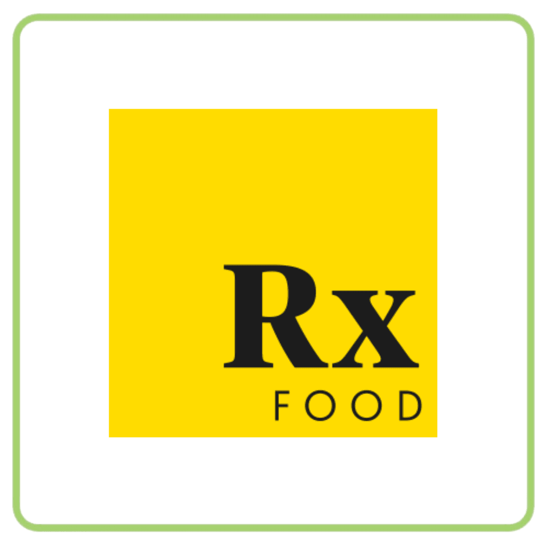 Yellow square logo featuring 'Rx' in bold black letters above 'FOOD'.