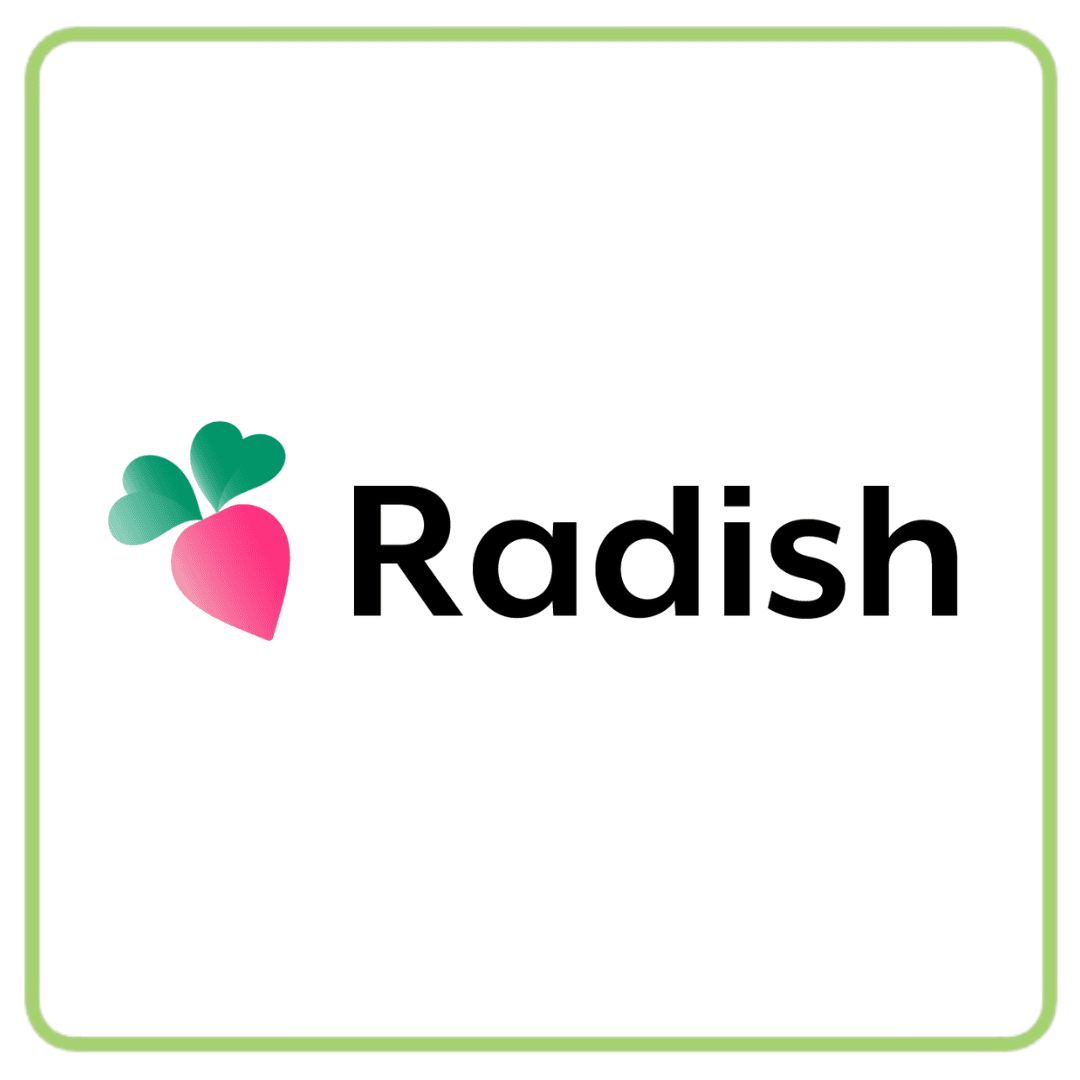 Radish logo featuring a stylized pink and white radish icon with green leaves.