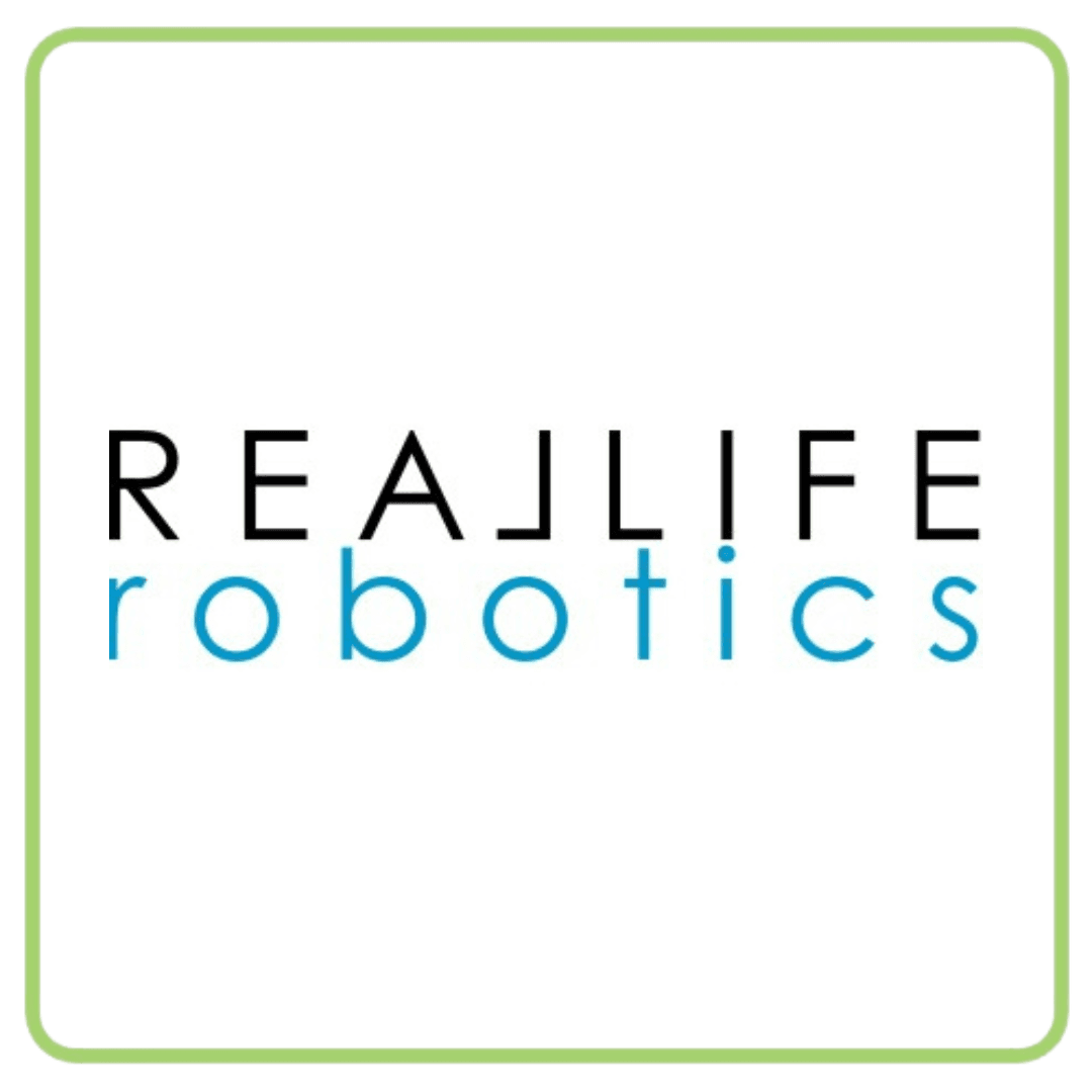 REAJLIFE robotics logo with black and blue text inside a green square.