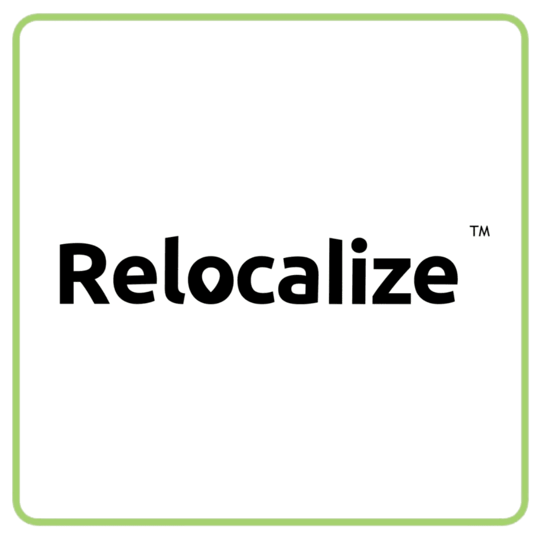 Black 'Relocalize™' text logo on a white background with a thin green border.