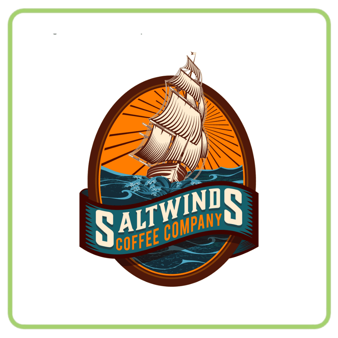 Saltwinds Coffee Company logo featuring a sailing ship, sunburst, and ocean waves.