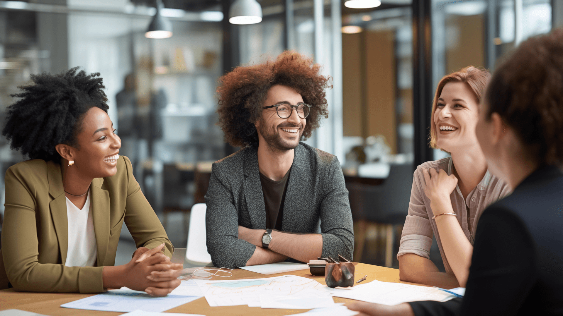 Diverse business team smiling and collaborating around a table in a modern office.