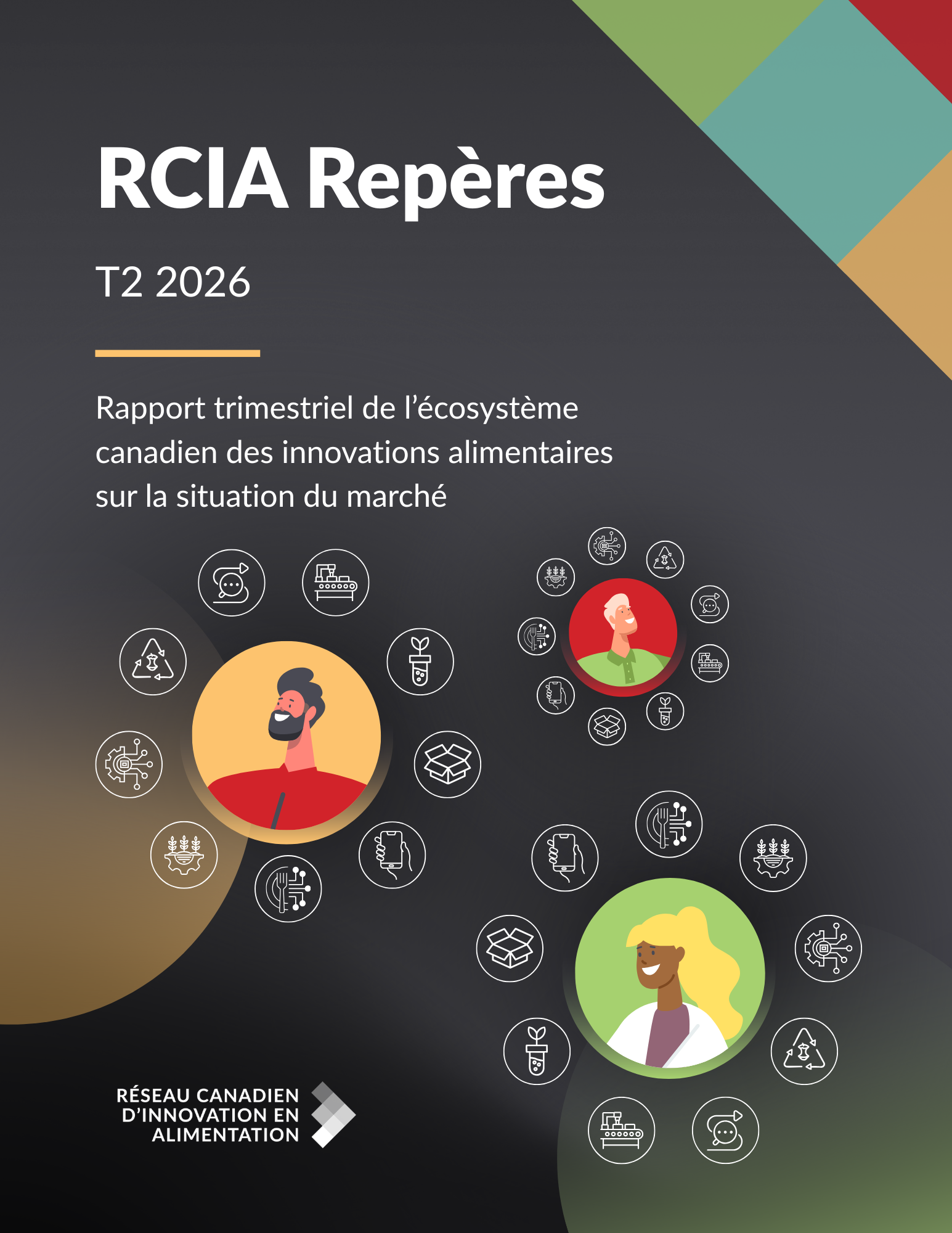 "RCIA Repères T2 2026" report cover, showing Canadian food innovation and diverse community icons.