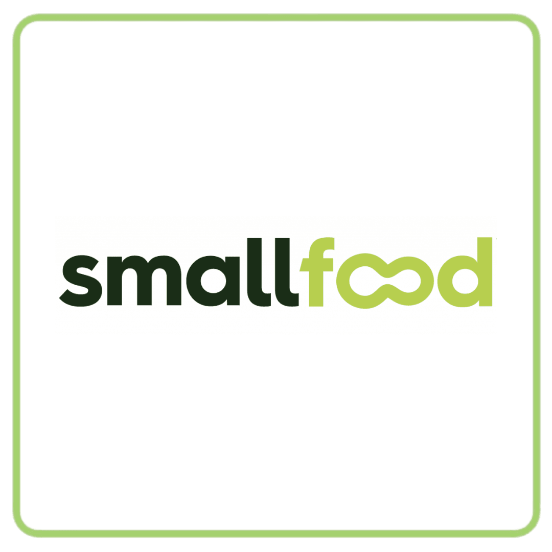 Smallfood logo with dark green 'small' and light green 'food', featuring an infinity symbol.