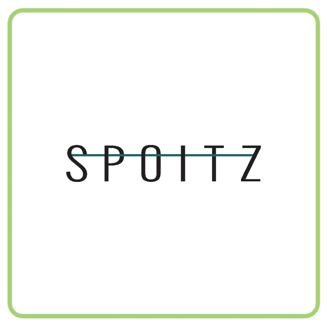 SPOITZ logo in black sans-serif font with a thin blue line through the middle.