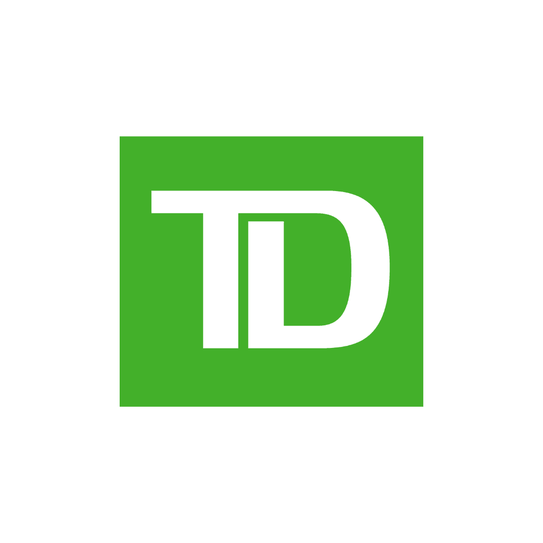 TD Bank logo with white letters 'TD' on a vibrant green square background.