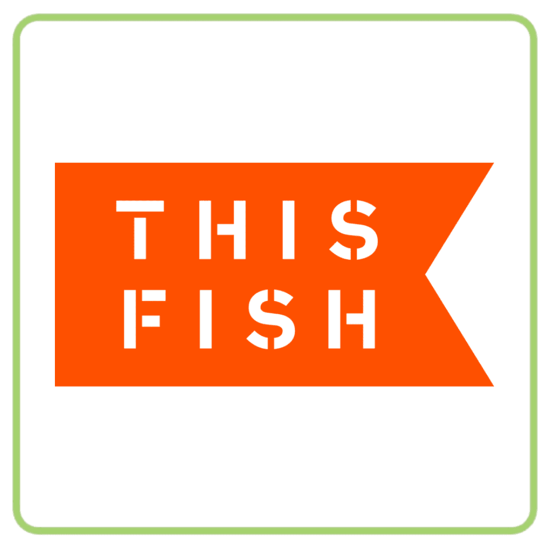 Orange banner logo with white text 'THIS FISH' in two lines.
