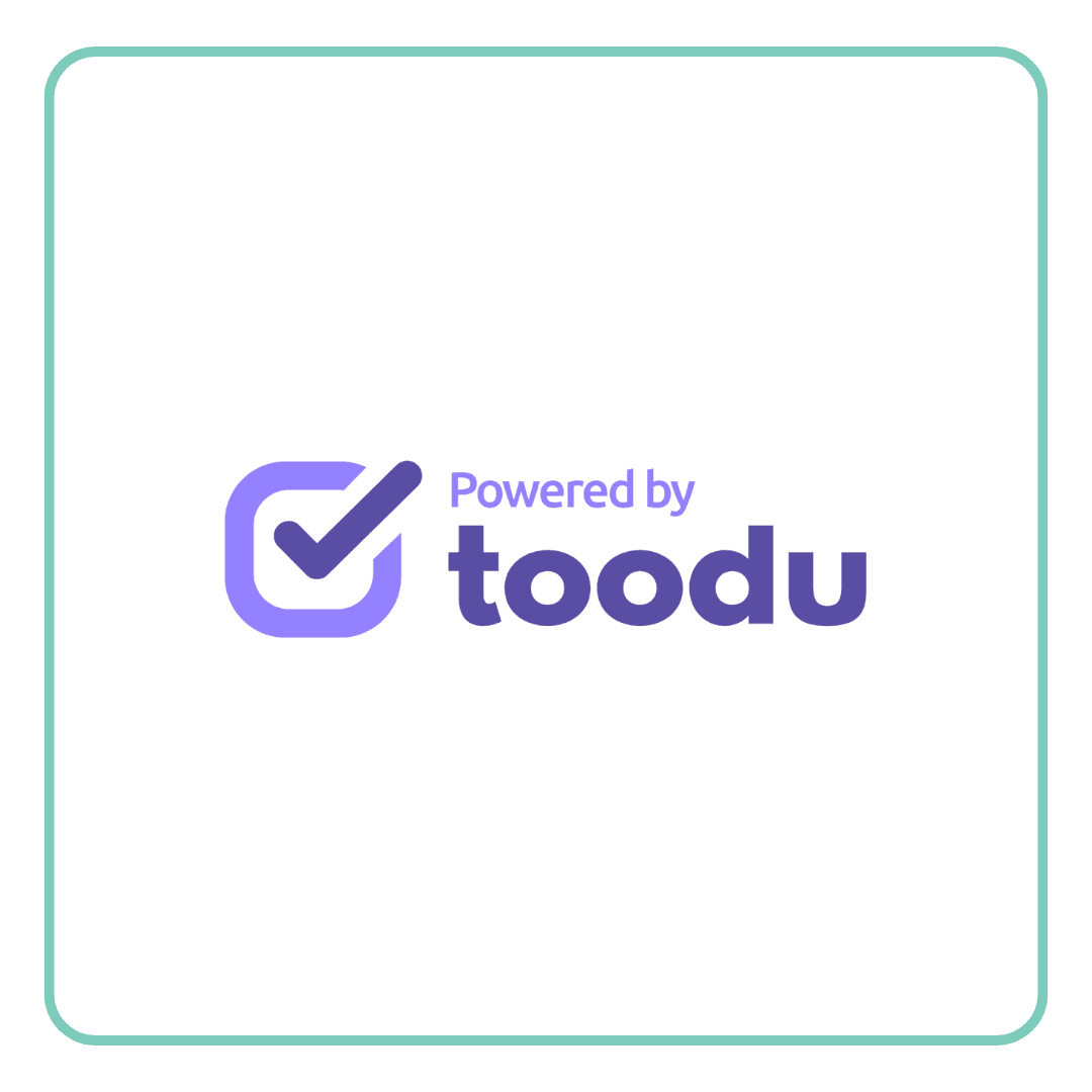 Toodu logo featuring a purple checkmark icon and the text 'Powered by toodu'.