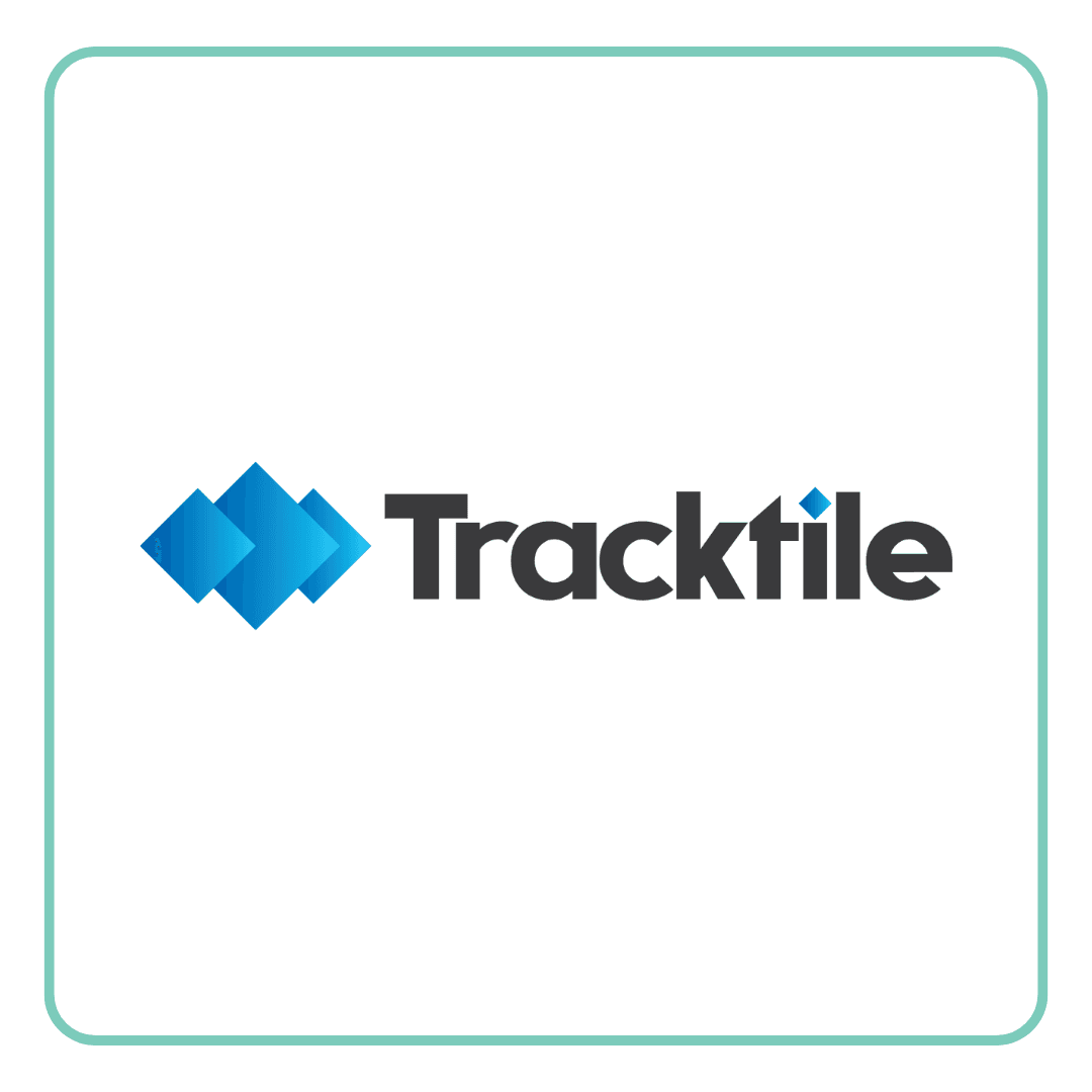 Tracktile logo featuring blue overlapping squares next to black text.