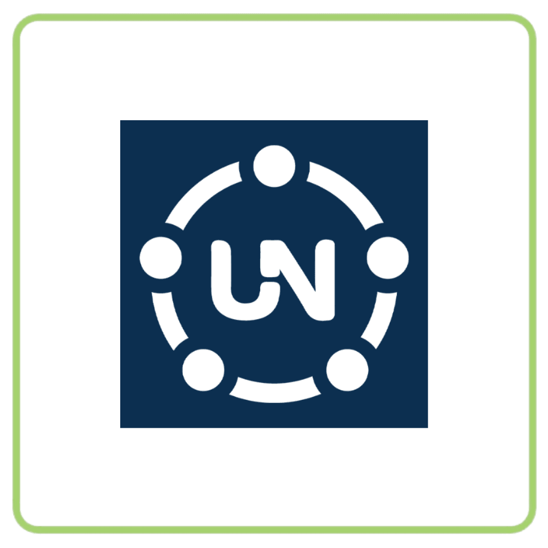 Stylized white UN letters within a circular network of dots on a dark blue square.