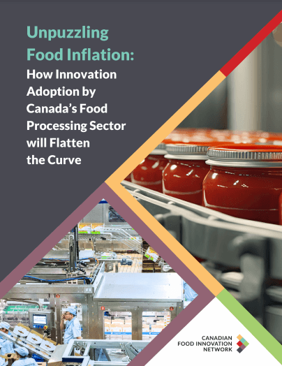 Report cover for 'Unpuzzling Food Inflation' showing food processing factory scenes.
