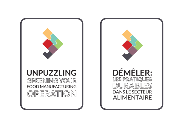 Colorful puzzle piece logos with English and French titles about sustainable food manufacturing.