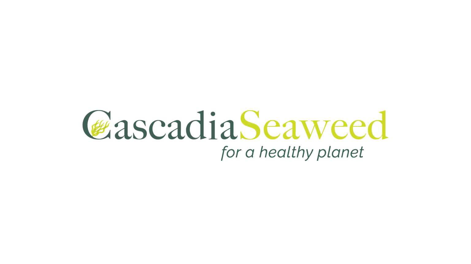 Cascadia Seaweed logo with text 'for a healthy planet' and a green seaweed illustration.