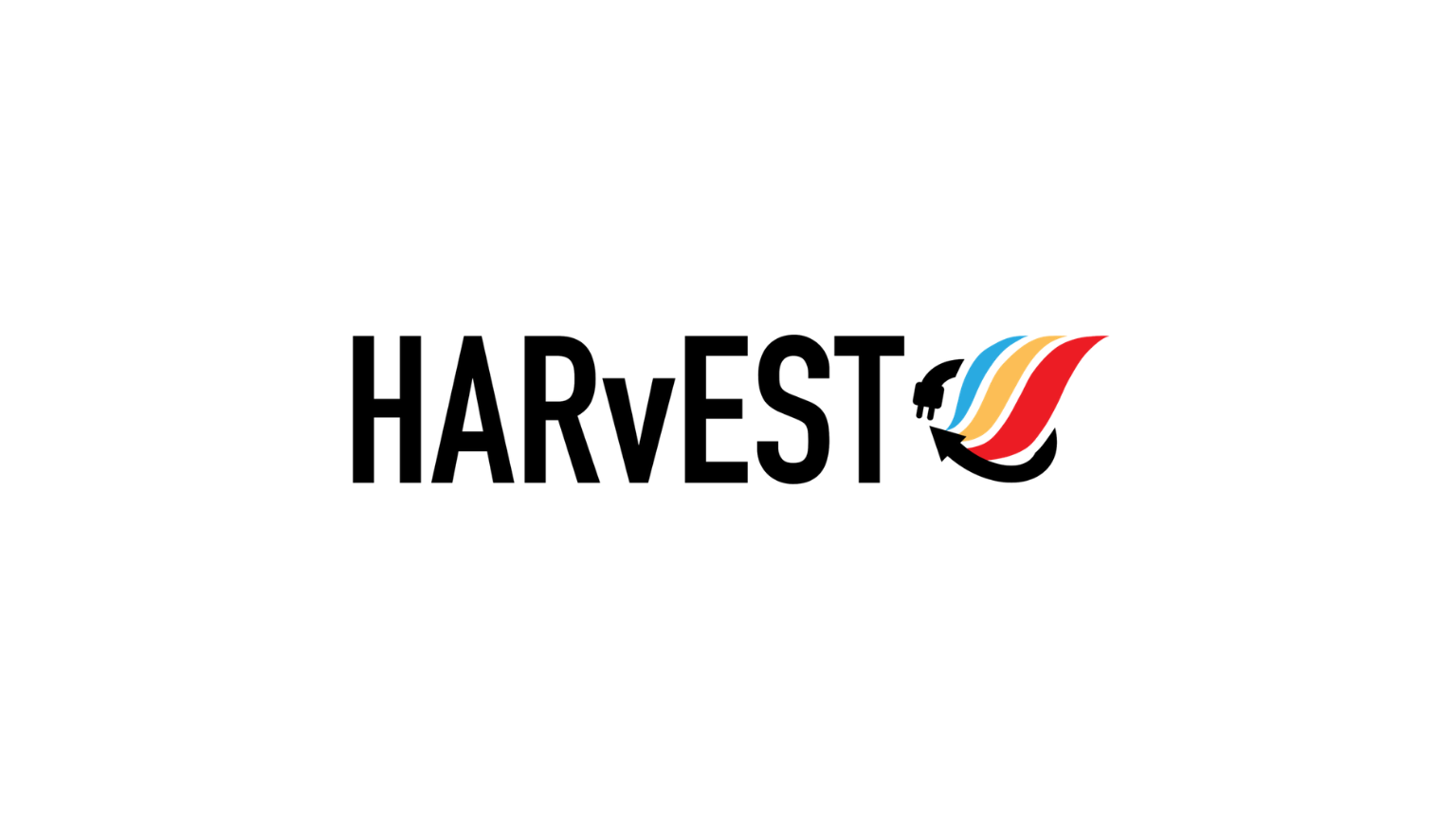 HARVEST logo with abstract colorful leaf or flame design.