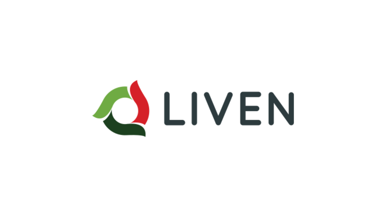 LIVEN logo featuring a green, red, and dark grey abstract intertwined graphic.