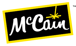 McCain logo with white text on a black background and yellow border, star accent.