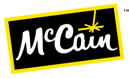 McCain company logo features white cursive text on a black rectangle with a yellow border.