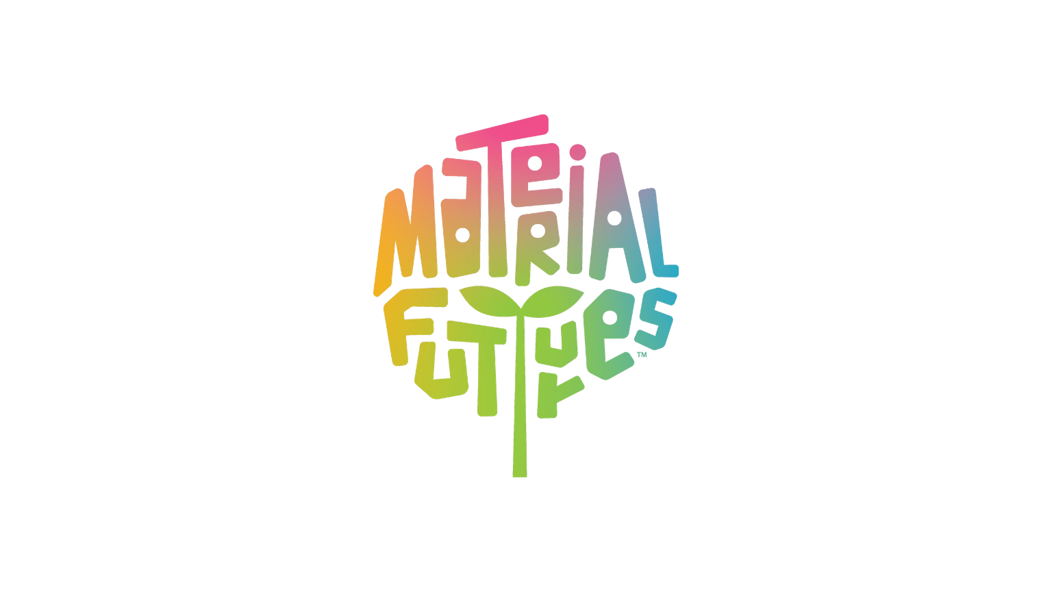 Colorful gradient logo spelling 'MATERIAL FUTURES' within a leaf shape with a small plant stem.