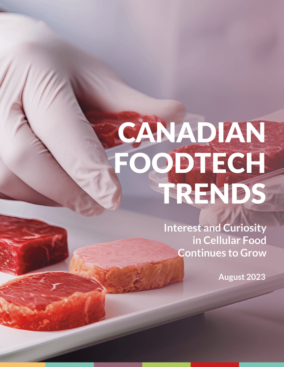 Gloved hand holds raw meat over cellular meat samples, with 'Canadian Foodtech Trends' title.