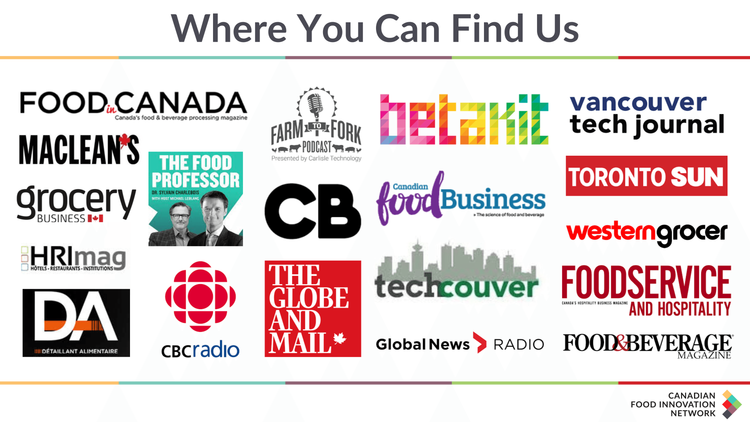 Logos of numerous Canadian media outlets, including Food Canada, Maclean's, Toronto Sun, and CBC Radio.