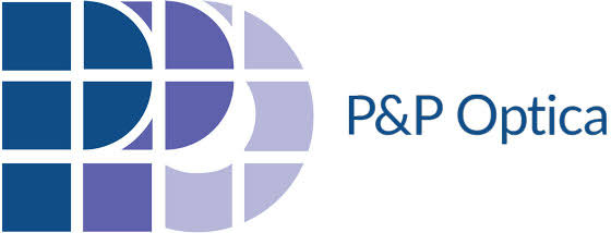 P&P Optica logo featuring a stylized blue and purple abstract design of squares and circles.