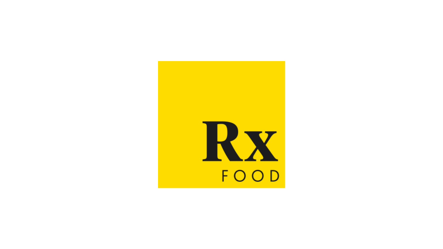 Rx FOOD logo featuring black text on a bright yellow square.