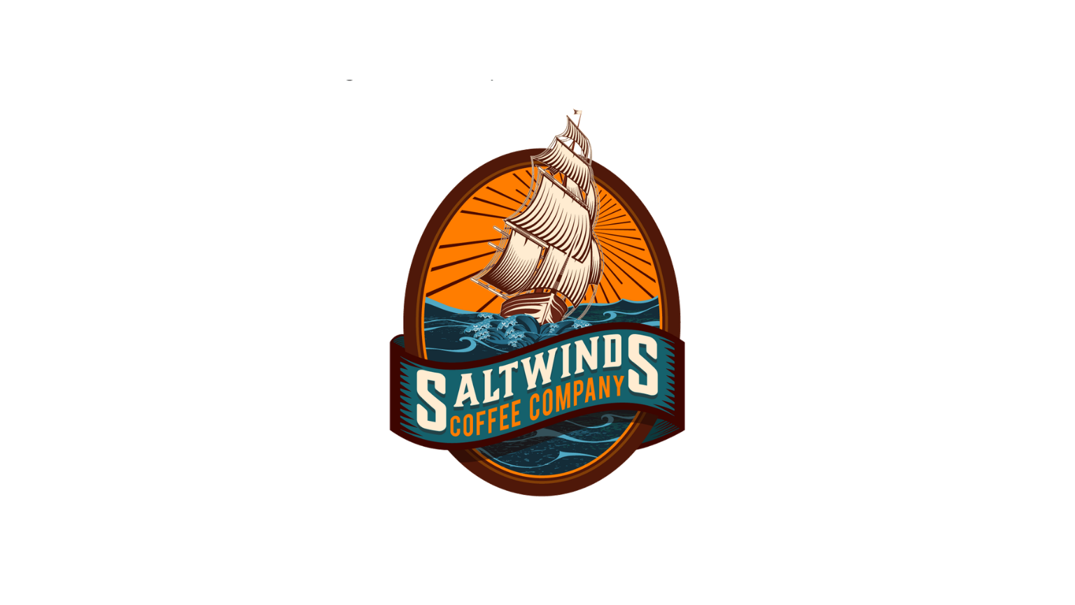 Logo for Saltwinds Coffee Company featuring a sailing ship over waves with a sunburst background.