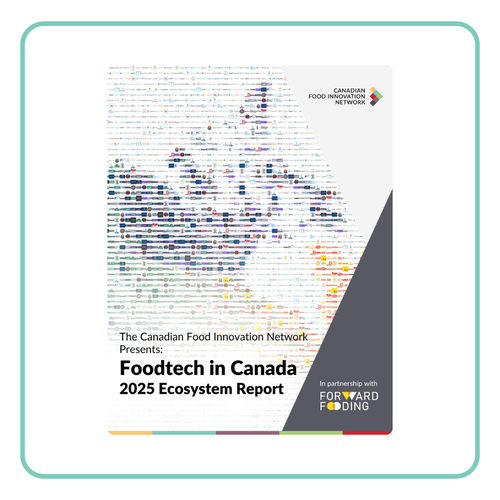 Cover of the 'Foodtech in Canada 2025 Ecosystem Report' with a colorful pixelated design.