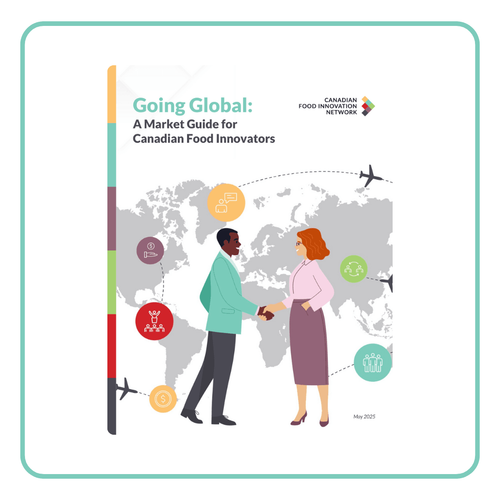 Cover of 'Going Global: A Market Guide for Canadian Food Exporters' with people shaking hands.
